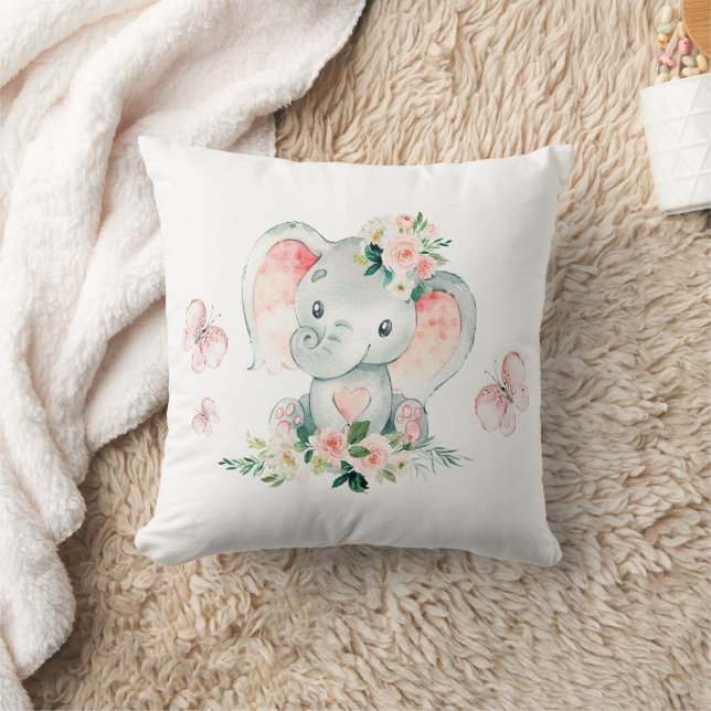 Green Pink Cute Floral Elephant Frame Baby Shower Throw Pillow (Blanket)