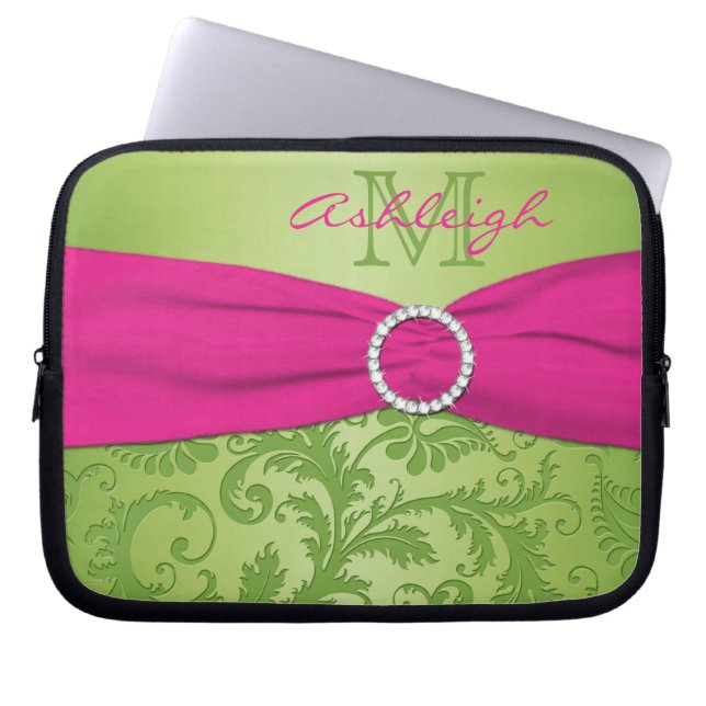 Green Pink Damask with FAUX Ribbon Laptop Sleeve (Front)