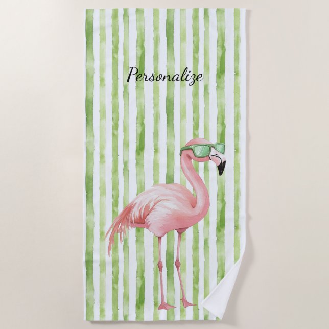Green Pink Flamingo   Beach Towel (Front)