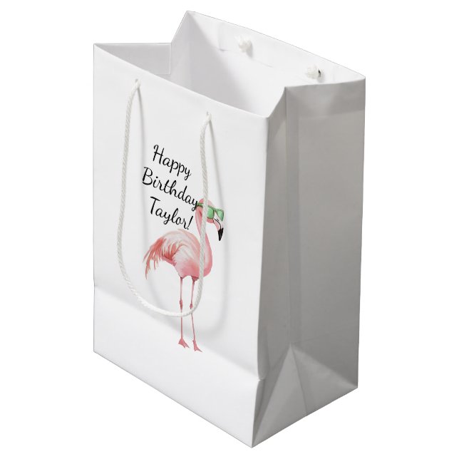 Green Pink Flamingo Birthday Medium Gift Bag (Front Angled)