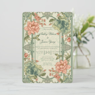 Green Pink Floral Botanical Wedding Invitation