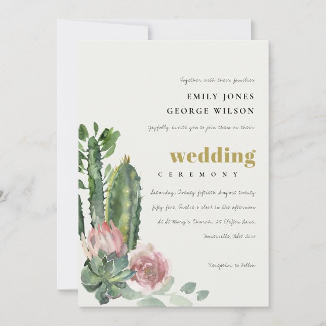 GREEN PINK FLORAL DESERT CACTI FOLIAGE WEDDING INVITATION (Front)