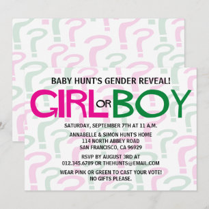 Green & Pink Gender Reveal Baby Shower Party Invitation