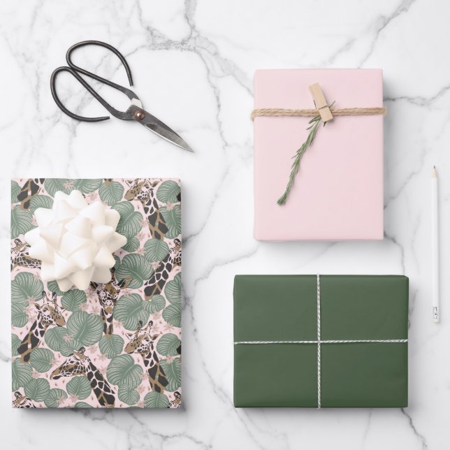 Green & Pink Giraffe Safari Wrapping Paper Set (Front)