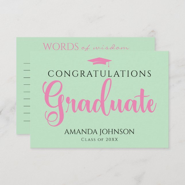 Green Pink Graduate Words of Wisdom Graduation Enclosure Card (Front/Back)