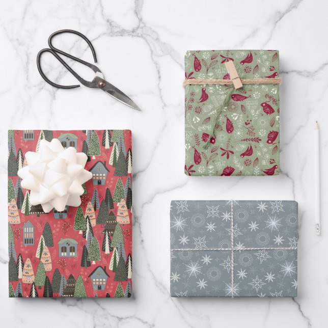 Green Pink Grey Christmas Forest Village Wrapping Paper Sheet (Front)