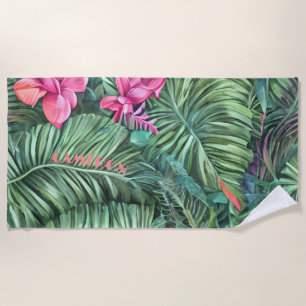 Green Pink Leaf Pattern Personalized Summer Beach Towel