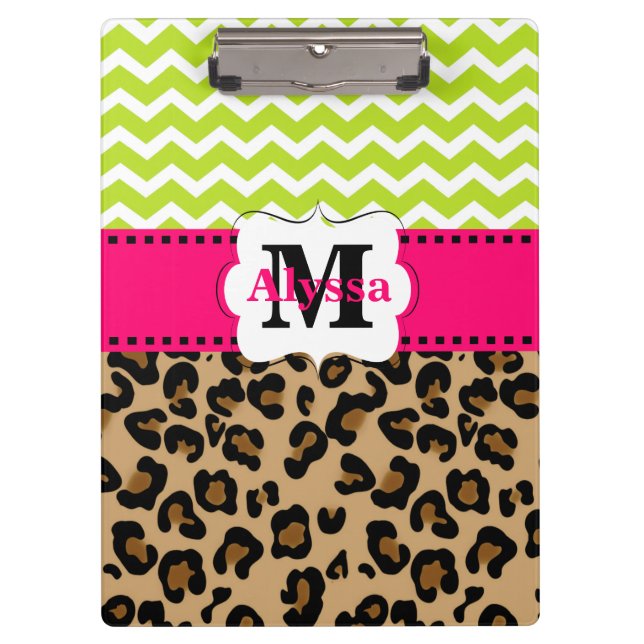Green Pink Leopard Chevron Personalized Clipboard (Front)