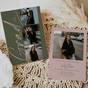 Green & Pink Modern Script Photo Graduation Invitation