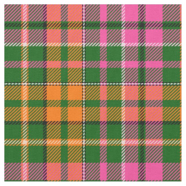 Green Pink Orange Plaid Tartan Design  Fabric (Close Up)