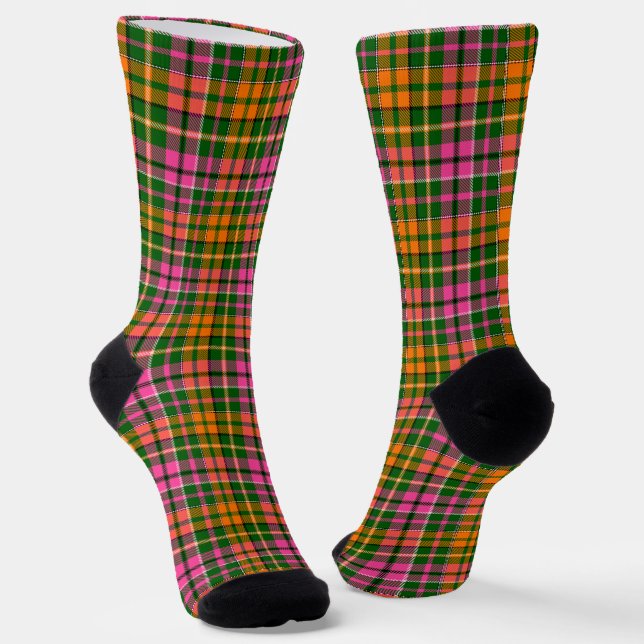 Green Pink Orange Plaid Tartan Design  Socks (Angled)