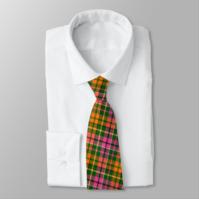 Green Pink Orange Plaid Tartan Design  Tie (Tied)