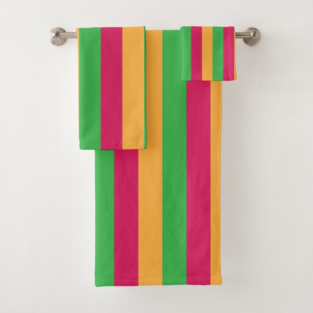 Green Pink Orange Vertical Stripes Pattern  Bath Towel Set (Insitu)