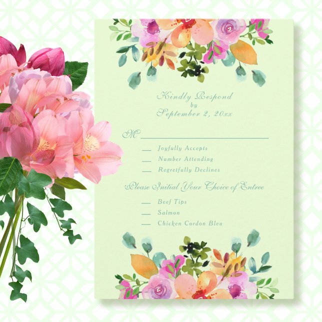 Green Pink Orange Watercolor Floral RSVP Card (Creator Uploaded)