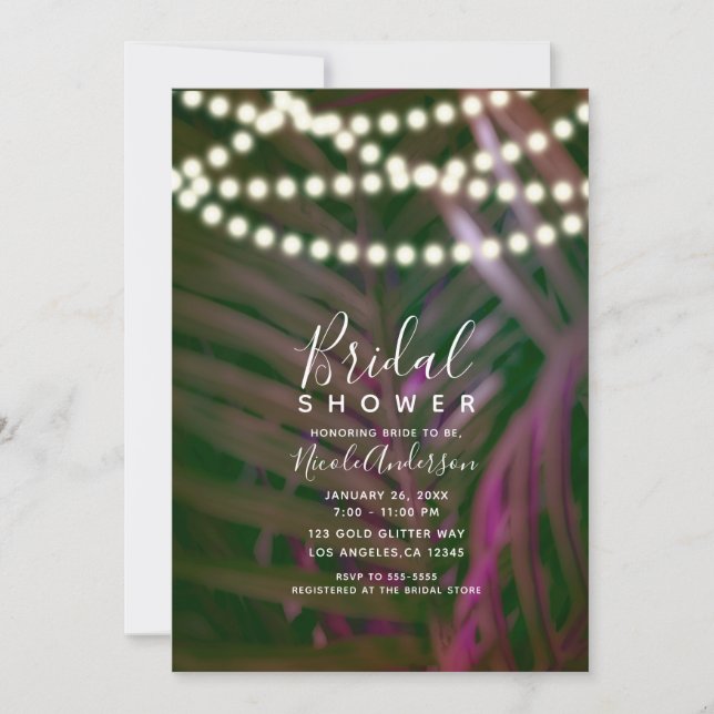 Green Pink Palm Leaves Lights Bridal Shower Invitation (Front)