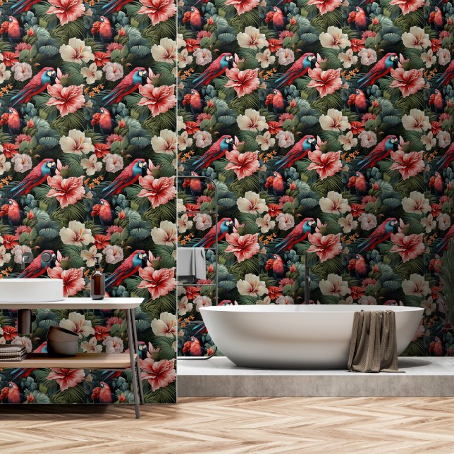 Green & Pink Parrot Hibiscus Tropical Forest Wallpaper (Bathroom)