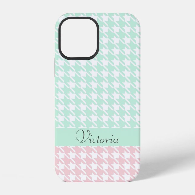 Green Pink Pastel Name Houndstooth Pattern Modern iPhone Case (Back)