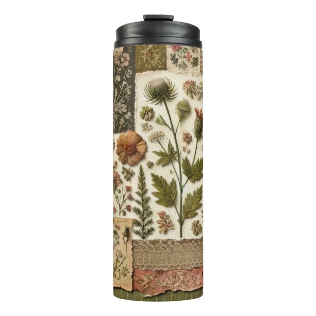 Green Pink Patchwork Quilt Rustic Retro Boho Thermal Tumbler (Front)