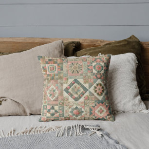 Green Pink Patchwork Quilt Rustic Retro Vintage Throw Pillow