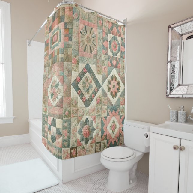 Green Pink Patchwork Rustic Retro Floral Farmhouse (In Situ)