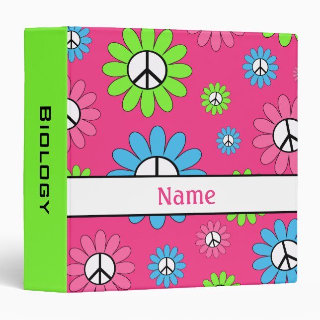 Green Pink Personalized Peace Sign School Binder (Front/Spine)