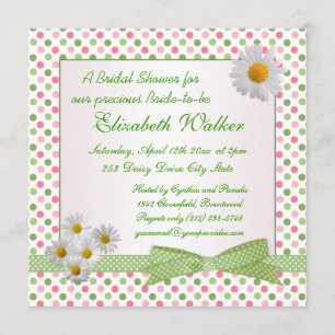 Green, pink polka dot, white daisy Bridal Shower Invitation