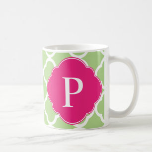 Green Pink Quatrefoil Monogram Coffee Mug