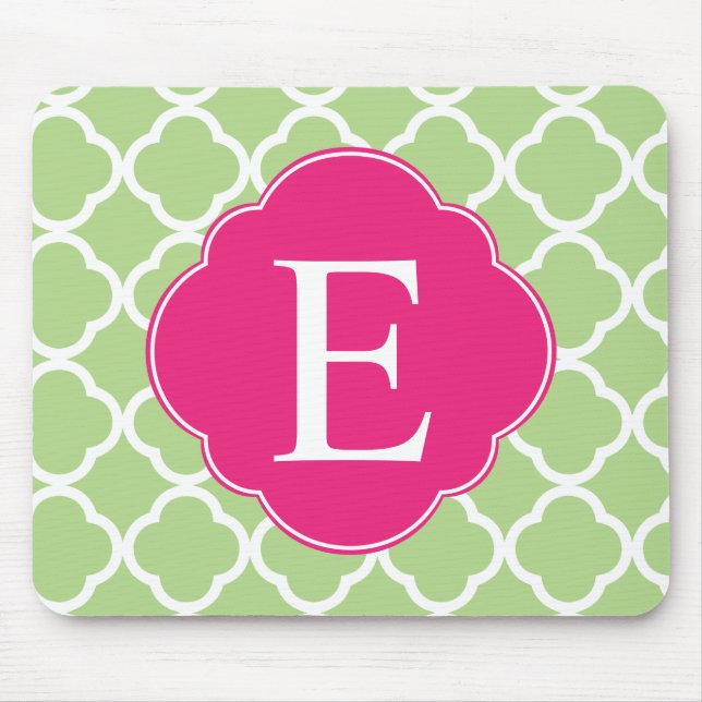 Green Pink Quatrefoil Monogram Mouse Pad (Front)