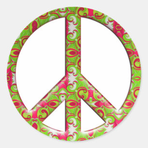 GREEN & PINK RETRO PEACE SIGN CLASSIC ROUND STICKER