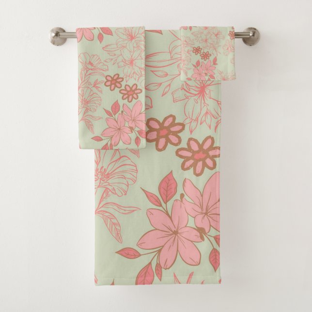Green Pink Retro Y2K 70s Flower Pattern Bath Towel Set (Insitu)
