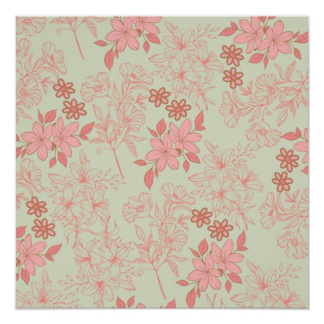 Green Pink Retro Y2K 70s Flower Pattern Poster (Front)