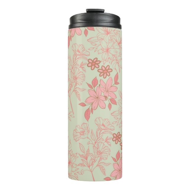 Green Pink Retro Y2K 70s Flower Pattern Thermal Tumbler (Front)