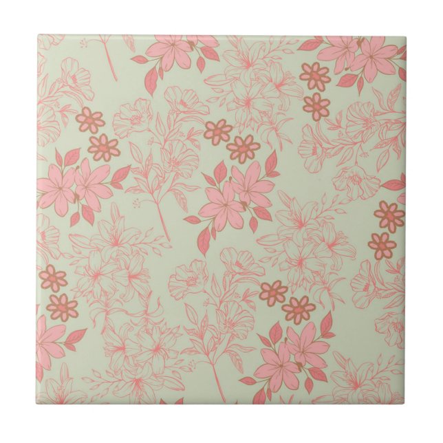Green Pink Retro Y2K 70s Flower Pattern Tile (Front)