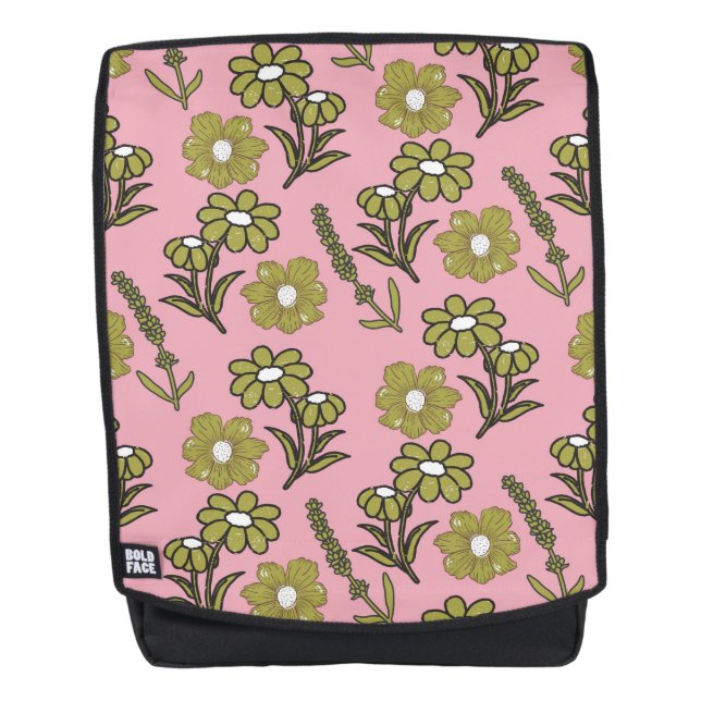 Green Pink Retro Y2K Funky Hippie Flower Pattern Backpack (Front)