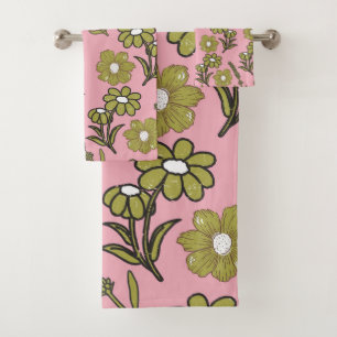 Green Pink Retro Y2K Funky Hippie Flower Pattern Bath Towel Set