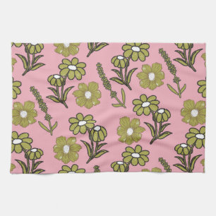 Green Pink Retro Y2K Funky Hippie Flower Pattern Kitchen Towel