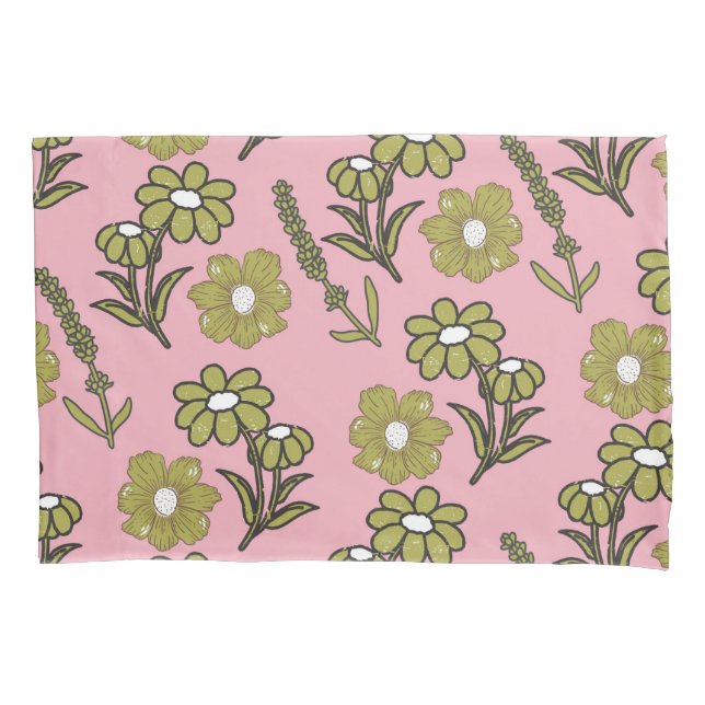 Green Pink Retro Y2K Funky Hippie Flower Pattern Pillowcase (Front)