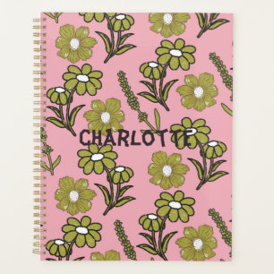 Green Pink Retro Y2K Funky Hippie Flower Pattern Planner