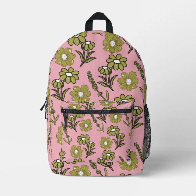 Green Pink Retro Y2K Funky Hippie Flower Pattern Printed Backpack (Front)