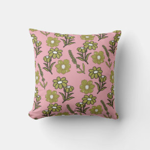 Green Pink Retro Y2K Funky Hippie Flower Pattern Throw Pillow
