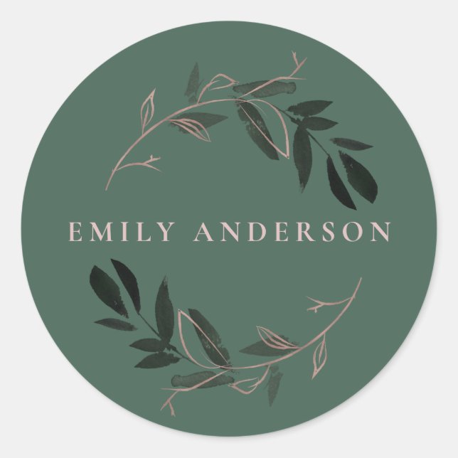 GREEN PINK ROSE GOLD FOLIAGE WREATH PROFESSIONAL CLASSIC ROUND STICKER (Front)