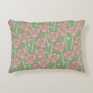 Green Pink Rose Retro Y2K 70s Flower Pattern Accent Pillow