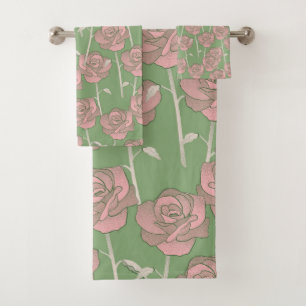 Green Pink Rose Retro Y2K 70s Flower Pattern Bath Towel Set