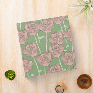Green Pink Rose Retro Y2K 70s Flower Pattern Binder