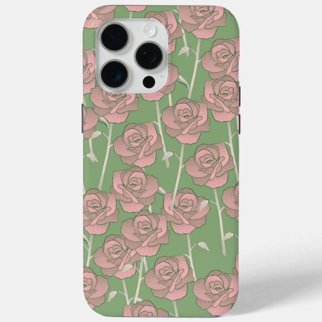 Green Pink Rose Retro Y2K 70s Flower Pattern Case-Mate iPhone Case (Back)