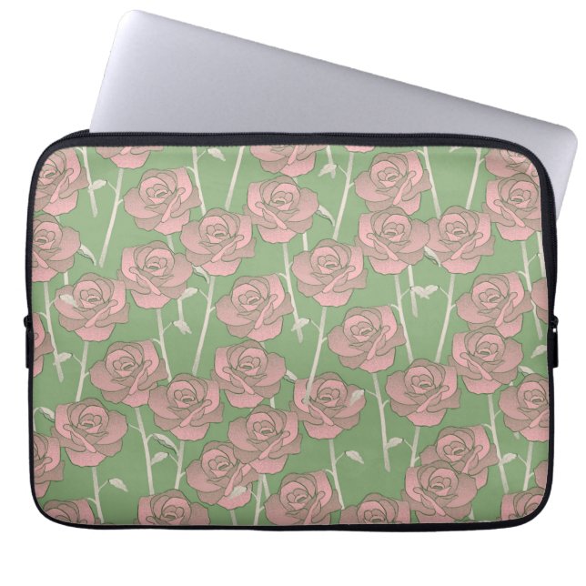 Green Pink Rose Retro Y2K 70s Flower Pattern Laptop Sleeve (Front)