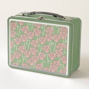 Green Pink Rose Retro Y2K 70s Flower Pattern Metal Lunch Box