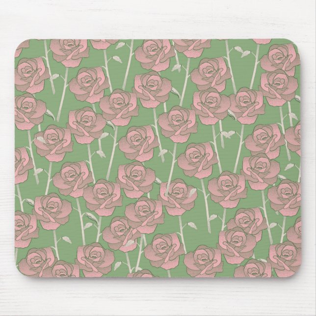 Green Pink Rose Retro Y2K 70s Flower Pattern Mouse Pad (Front)