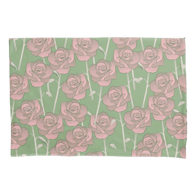 Green Pink Rose Retro Y2K 70s Flower Pattern Pillowcase (Front)