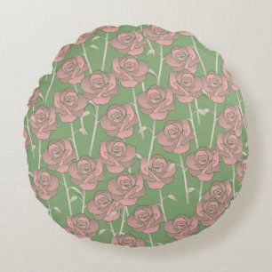 Green Pink Rose Retro Y2K 70s Flower Pattern Round Pillow